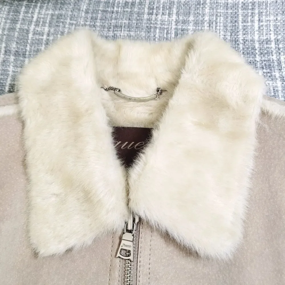 Y2K Guess Suede Leather Soft Faux Fur Lined Coat Light Tan Women's M